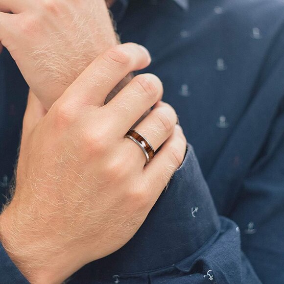 4,6,8mm Basic Black/Sliver Titanium Wood Wedding Band Engagement Ring for Men Wo - Picture 5 of 5